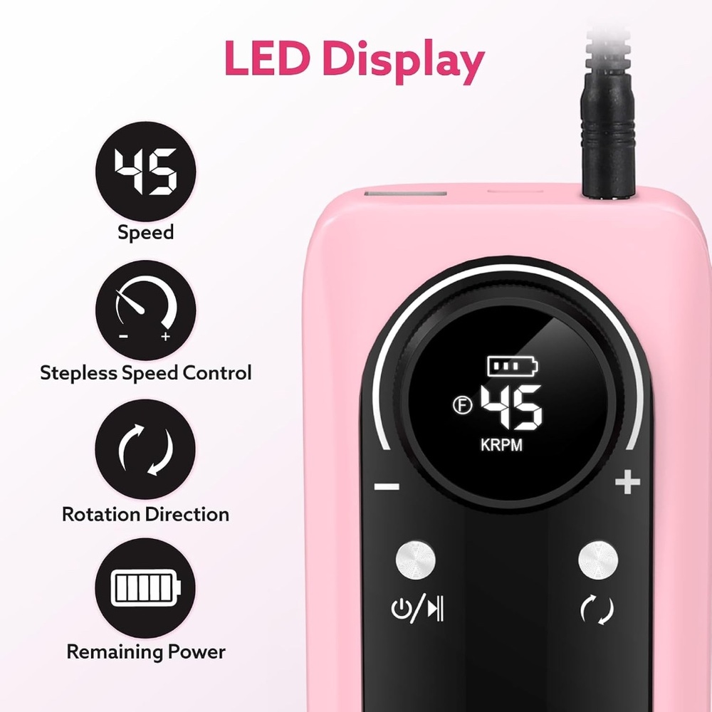 Pink 45000RPM Professional Cordless Rechargeable Nail File - Picture 2 of 10